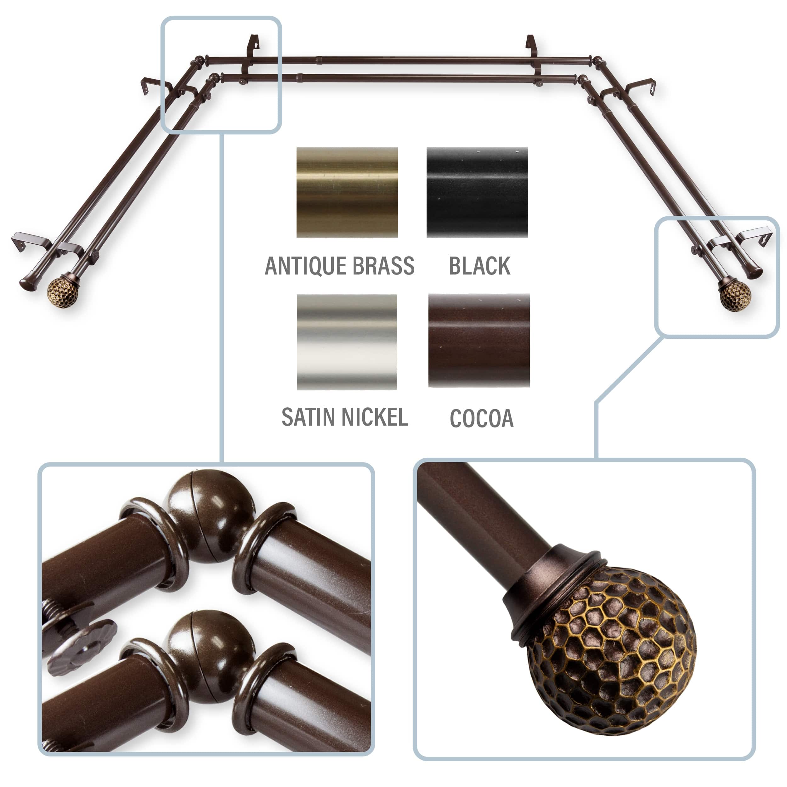 InStyleDesign Ewan 13/16" Double Bay curtain rod 20"36", 38"72" Bed